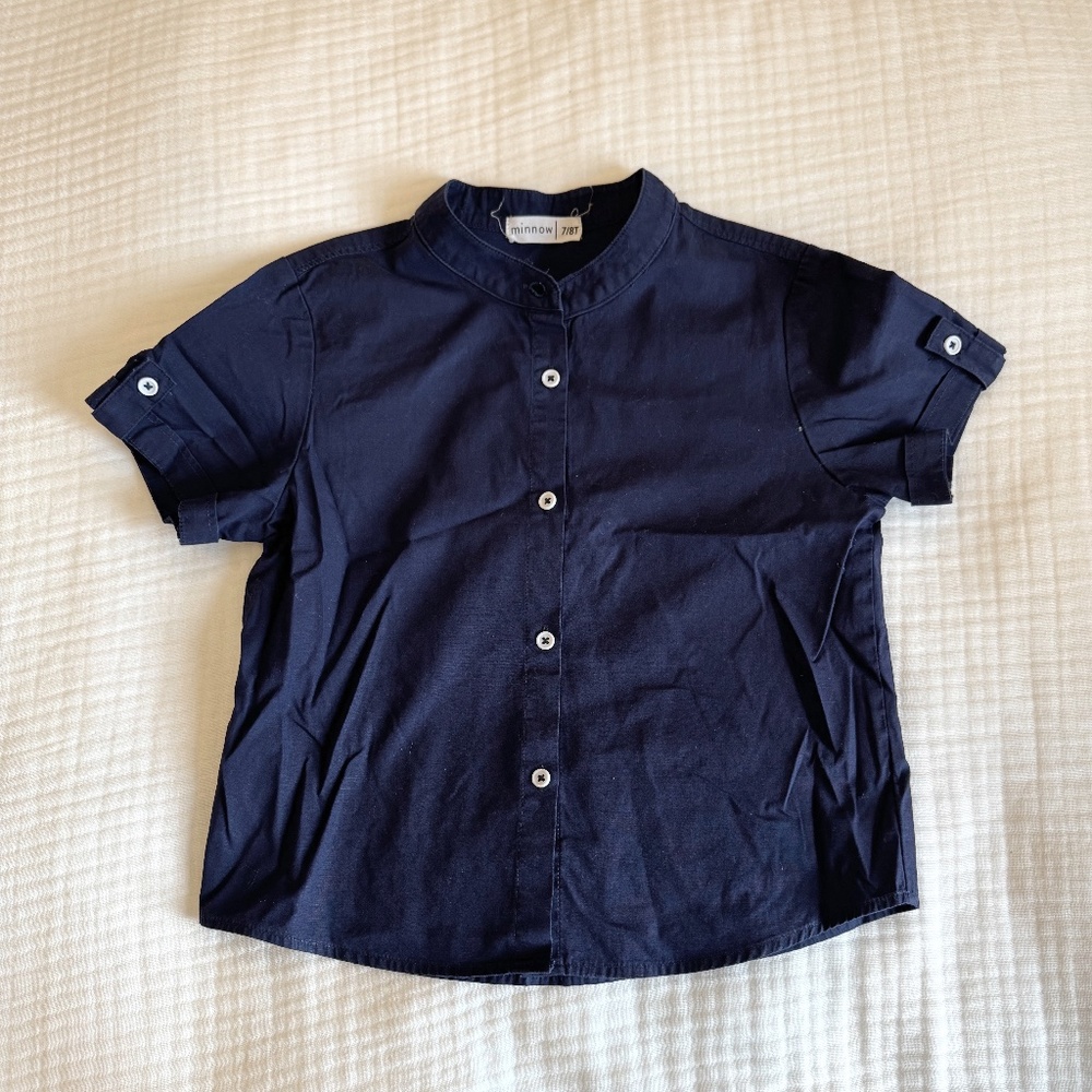 Minnow Swim Boys Short Sleeve Button Down Shirt: Navy 7/8T